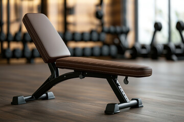 Workout gear and fitness accessories for an active lifestyle concept. A weight bench positioned in a gym setting