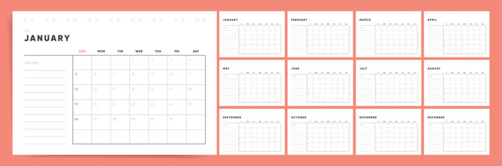 Calendar template for 2025 year. Week starts on Sunday. Wall 2025 calendar in clean minimalist style and notes section. Corporate or business planner. 