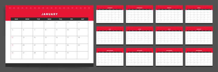 Calendar template for 2025 year. Week starts on Sunday. Wall 2025 calendar in clean minimal style. Corporate or business calendar. English vector Calendar monthly pages red layout.