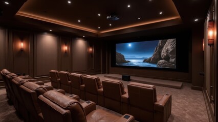 A home theater room with brown leather seats