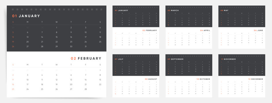 Minimalist 2025 calendar layout, monthly design with black and white theme, 2 months on one page 2025 calendar, clean vector template
