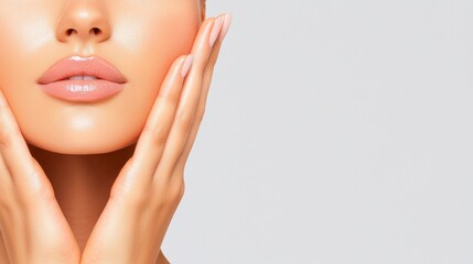 Naklejka premium A close-up of a woman's face, emphasizing smooth skin and well-groomed features, with hands gently placed on her cheeks.
