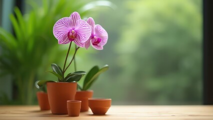 Orchids in pots on a wooden table