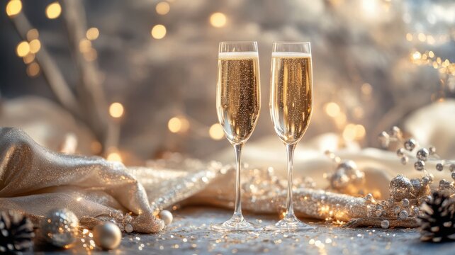 Festive and luxurious New Year's Eve celebration with champagne flutes glowing in golden light, surrounded by elegant decorations. Christmas, New Year's Eve