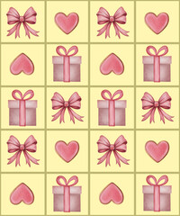 Seamless Pattern with Hearts, Gifts, Sweets,  Bows. Perfect for Wrapping Paper, Packaging, Festive Occasions. A Romantic and Playful Design for Valentine's, Anniversaries, Celebrations