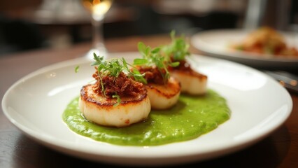 Scallops on a plate with green sauce