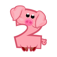 Cartoon number 2 like pink pig, figure Two. Cartoon of number with a animal concept. Calligraphy, lettering, typography for your Education cards or game