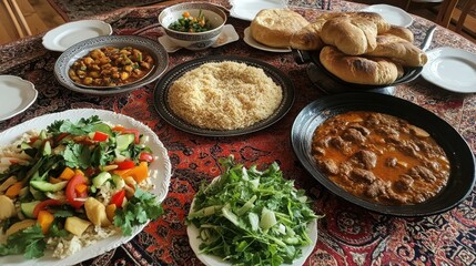 Obraz premium Table set with Uzbek dishes like plov, bread, and various salads, showcasing traditional family meal