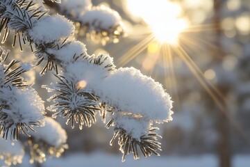 Sunlight pierces snow-covered pine branches in a winter scene, adding beauty and warmth to a cold, serene setting.