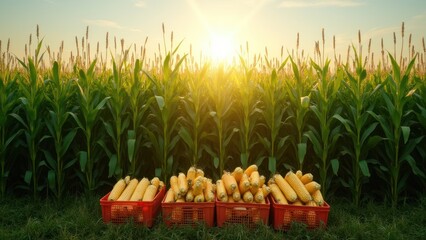 Corn in a field at sunset
