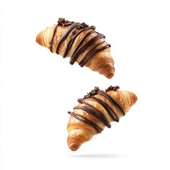 croissants with chocolate in the air on white background