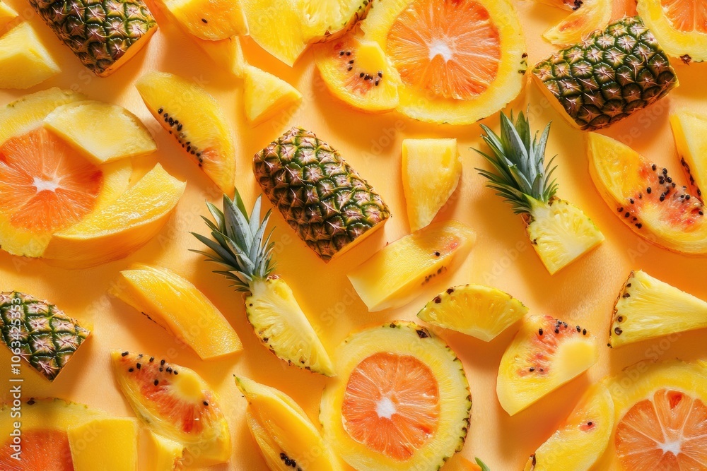 Poster sliced tropical fruits such as pineapples, mangoes, and papayas create a bright and cheerful tableau