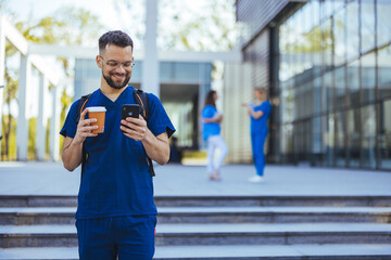 Smiling Medical Professional Texting Outdoors with Coffee