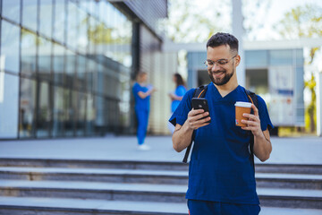 Young Medical Professional Enjoying Coffee Break Outdoors