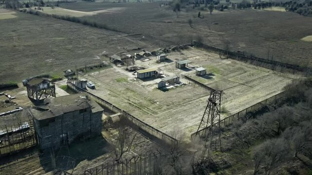 Camera panning over an abandoned mining town