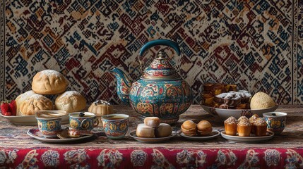 Obraz premium Traditional Uzbek tea table with a teapot and small cups, served with local sweets