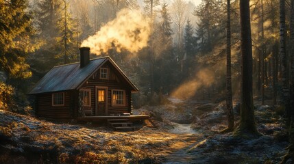 A cozy cabin with smoke curling from the chimney,