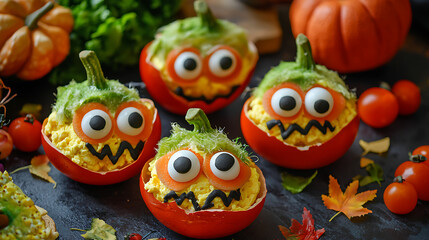 Fototapeta premium Halloween-themed breakfast with scrambled eggs in monster shape