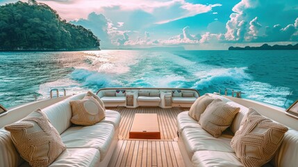 cabin cruiser with comfortable seating and a beautiful ocean backdrop