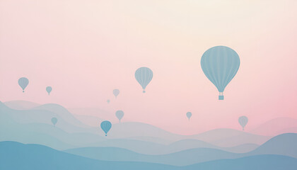 Obraz premium Colorful hot air balloons floating over serene pastel landscape at dawn, dreamy atmosphere, copy space
