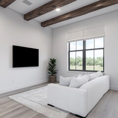 Fototapeta premium Modern living room with white sofa, large window, and wooden beams.