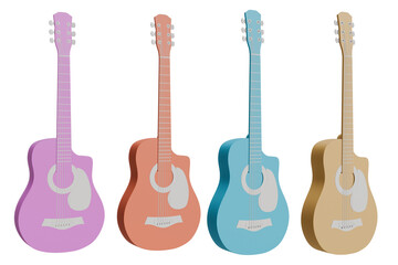 Fototapeta premium Blue, pink, yellow acoustic guitar isolated from background. 3D illustration rendering -clipping path