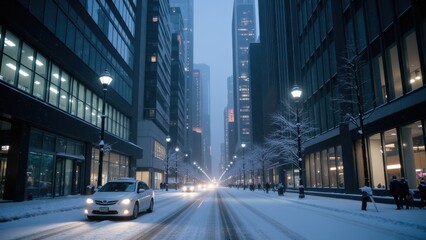 Fototapeta premium A car is driving down the street in the snow