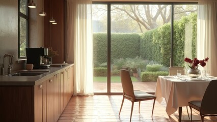 Fototapeta premium A dining room with a table and chairs