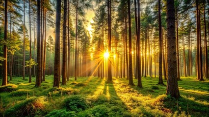 Fototapeta premium High-resolution image of a serene forest scene at sunset, with tall trees, lush greenery, and warm golden light filtering through the leaves, foliage, autumn, forest