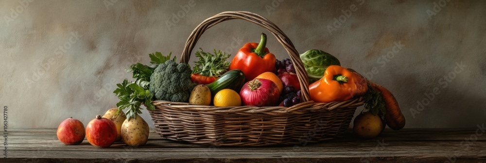 Aufkleber fresh vegetables and fruits are placed in a wicker basket on a rustic wooden table, showcasing a vib