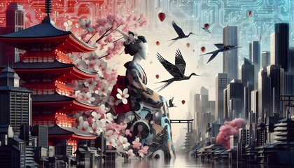 A visual blend of traditional Japanese crafts (origami, kimonos) with cutting-edge technology (robots, microchips). Delicate paper cranes fly.