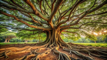 Intricate network of roots and branches forming a massive, sprawling tree, unity, interconnectedness, wholeness