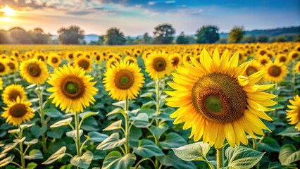 Fototapeta premium Large sunflower field with tall stalks of bright yellow flowers and green leaves in a natural setting, nature, landscape