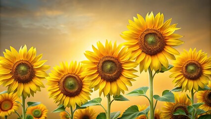 Obraz premium Large sunflowers in various stages of bloom against a subtle gradient background, flowers in bloom, nature photography, sunflower wallpaper, seasonal decor