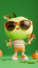 
cute chibbi 3d blender apple character wearing gangster meme sunglasses holding a champion trophy 