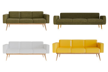 Yellow and green sofa, fabric or leather texture 3D illustration rendering set Simulation of a sofa in front view modern furniture interior design