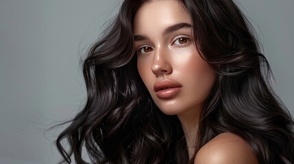Naklejka premium Dark-haired model with long, shiny, wavy hair, perfect for promoting beauty products, cosmetics