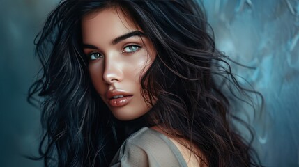 Naklejka premium Dark-haired model with long, shiny, wavy hair, perfect for promoting beauty products, cosmetics