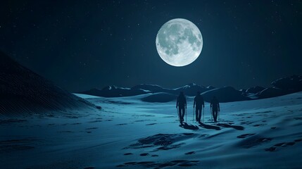 Moonlit Desert Hike   Silhouetted Hikers Trekking Under Dramatic Lunar Landscape