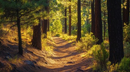 Obraz premium A hiking trail through a dense pine forest, where sunlight