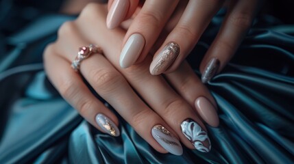 Fototapeta premium Elegant female hands with a chic wedding manicure, focusing on the sophisticated nail design that complements
