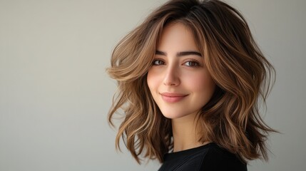 Fototapeta premium Beautiful woman with thick, wavy hair, smiling gently on a clean, neutral background