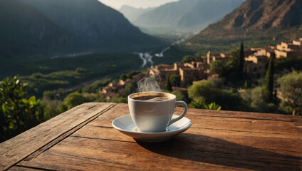 Freshly brewed cup of Arabica coffee on a wooden table, set against a scenic mountain backdrop in the morning.