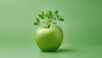 Conceptual Image of Organic Growth. Fresh Green Apple with Sprouting Herb Leaves Representing Health, Sustainability, and Farm to Table Nutrition in Modern Food and Wellness Advertising