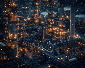 Sprawling Oil Refinery at Night with Illuminated Pipes Tanks and Towers Showcasing the Intensity of the Energy Industry