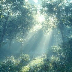 Fototapeta premium A serene forest scene with sunlight filtering through lush green leaves, creating a magical atmosphere. The soft light illuminates the path and vibrant foliage, inviting tranquility.