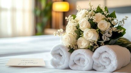 Fresh flowers, towels, and a personalized welcome note arranged on the bed in a modern hotel room