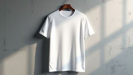 A white t shirt hangs on the wall