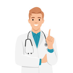 Young man doctor. A pose explained by pointing. Flat vector illustration isolated on white background