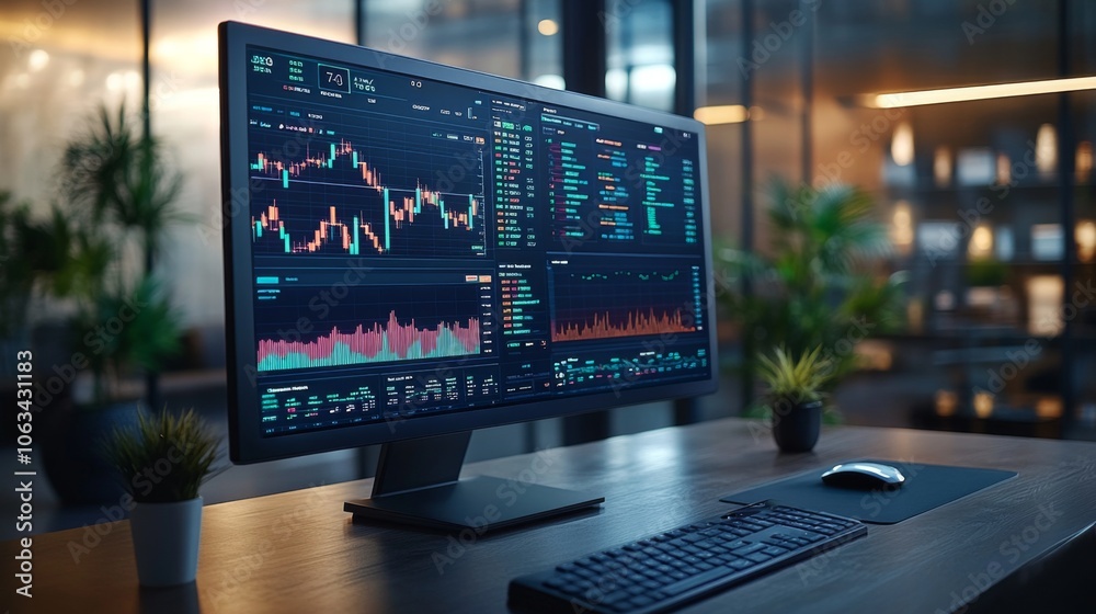 Poster A well-organized office workspace with a large monitor displaying vibrant financial charts and data analysis tools, complemented by stylish indoor plants.